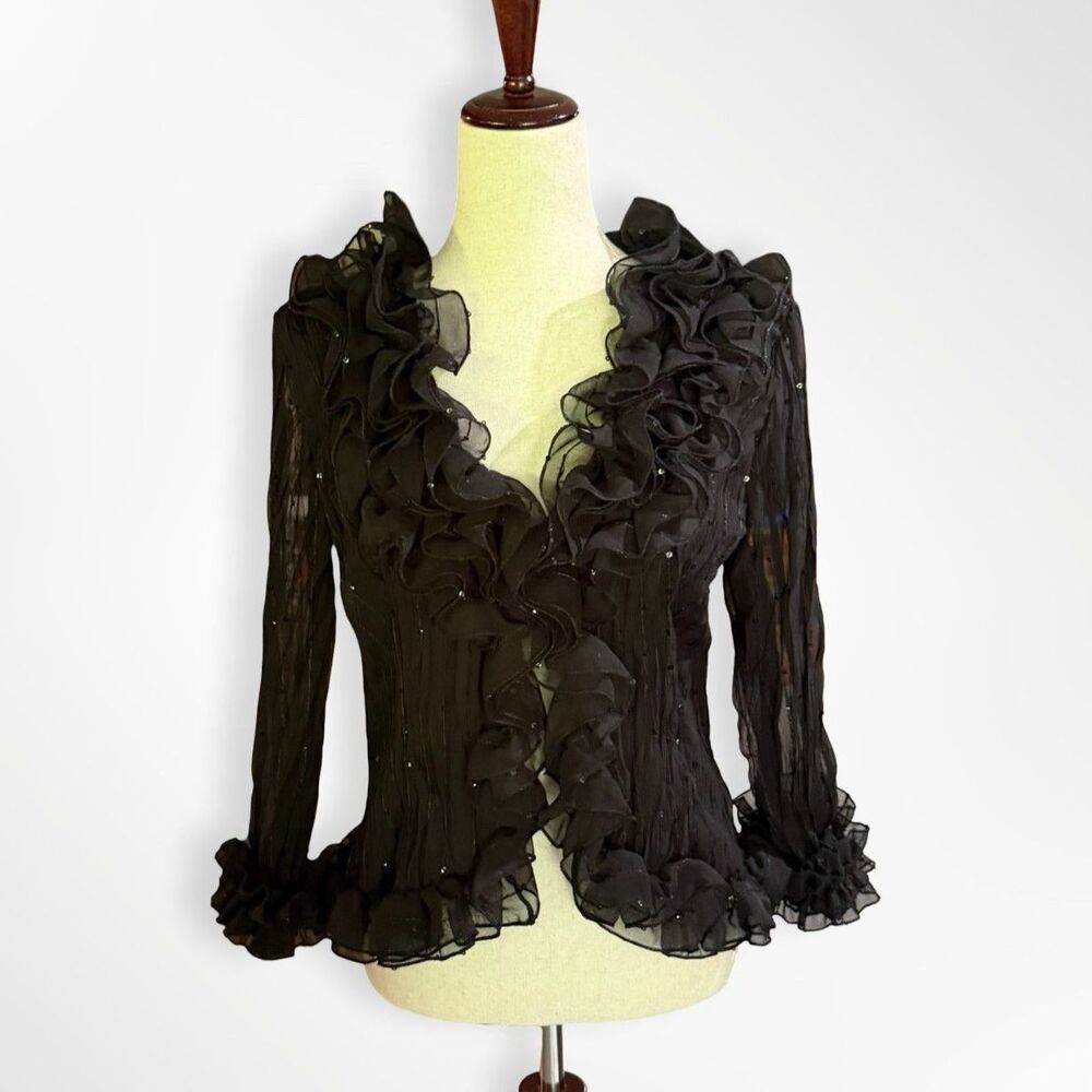 Cachet, VTG 90s Black Sheer Sequin Ruffle Trim Cardigan Blouse, 12 Fairy Goth